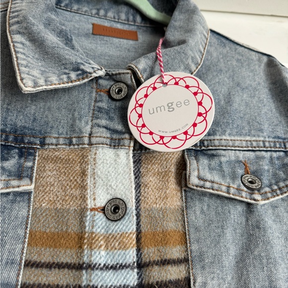 Umgee Women’s Size Small Brown Tan Light Blue Off White Plaid Denim Jean Jacket - Picture 5 of 7